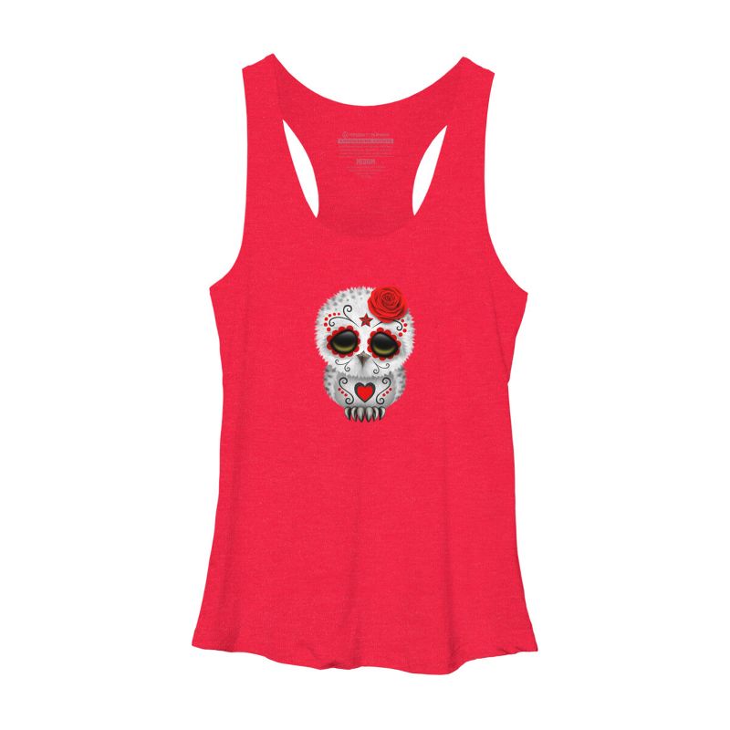 Women's Design By Humans Cute Red Day of the Dead Sugar Skull Owl By jeffbartels Racerback Tank Top, 1 of 4