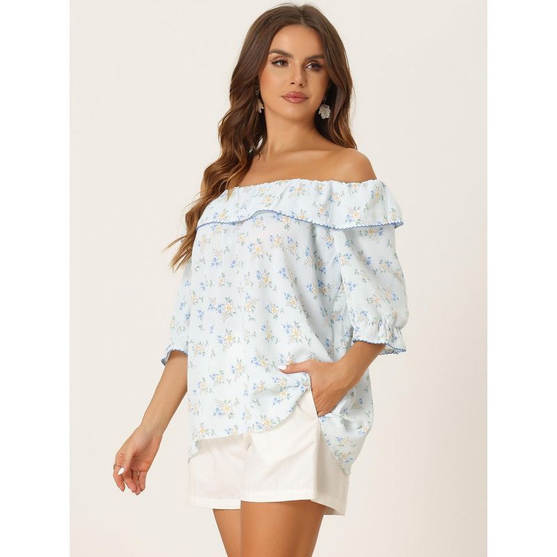 Allegra K Women's Floral Smocked Ruffled Round Neck Half Puff Sleeves Blouse, 3 of 6