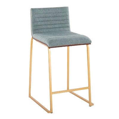 Set of 2 Green Upholstered Wood and Gold Metal Counter Stools