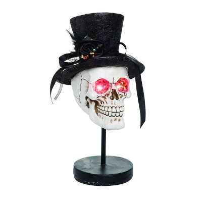 Transpac Resin 11 in. White Halloween Light Up Glitter Top Hat Skull