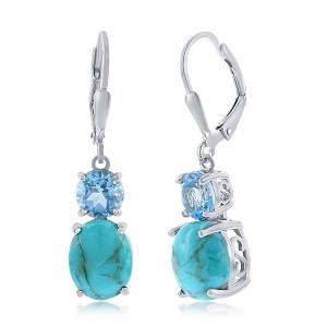 Bella Silver Sterling Silver Oval Turquoise & Round Gem Earrings - Blue Topaz - Blue - 1 of 2