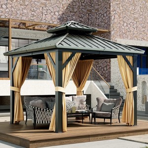 Galvanised Steel Hardtop Gazebo, Heavy Duty Double Roof Outdoor Gazebo with Netting and Sunshade Curtains - 1 of 4