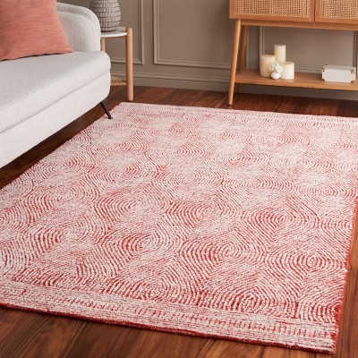 Ivory and Red Abstract Handmade Wool Viscose Rug, 3' x 5'