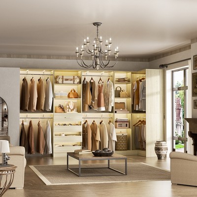 Aheaplus Corner Closet System with 6 Hanging Rods, Closet Organizer System with Shelves and Drawers