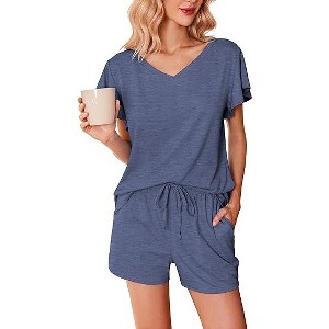 Ekouaer Women's Pajamas Set Ruffle Sleeves Sleepwear V Neck Comfy 2 Piece Pjs Loungewear Set with Pockets - 1 of 4