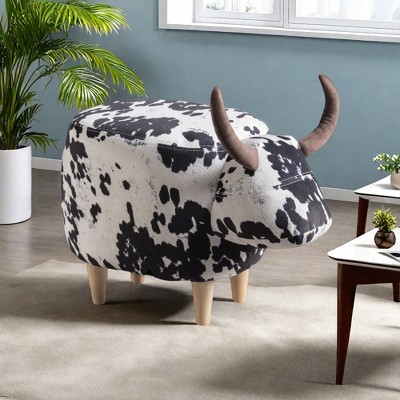 VYNXARIA Black and White Cow-Shaped Ottoman: Modern Accent Stool for Living Room, Bedroom, Porch, Garden & Balcony