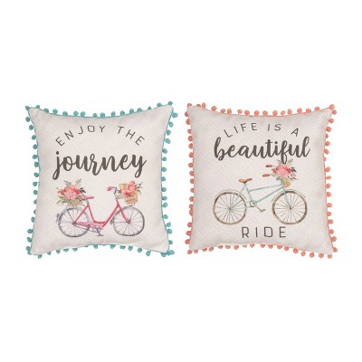 Transpac Fabric Bicycle Pillow w/Pom Poms Set of 2 Spring Home Decorations