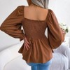 Coolmee Women Casual Square Neck Shirred Lantern Long Sleeve Frill Trim Flared Hem Blouse Shirt Tops - 2 of 4