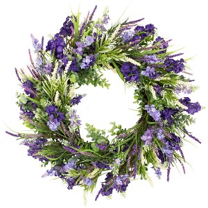 Northlight Larkspur, Lavender and Veronica Artificial Floral Spring Wreath - 24" - Purple - 1 of 4