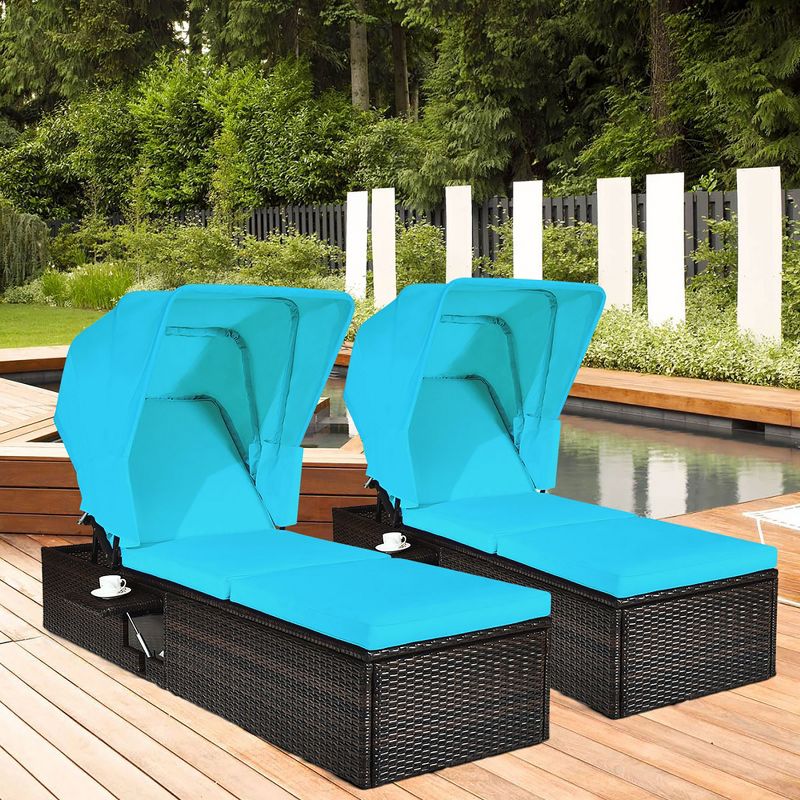 Costway 2PCS Patio Rattan Lounge Chair Chaise Cushioned Top Canopy Adjustable Turquoise, 1 of 11