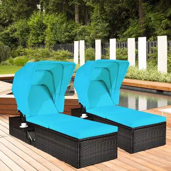 Costway 2PCS Patio Rattan Lounge Chair Chaise Cushioned Top Canopy Adjustable Turquoise