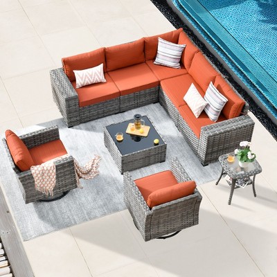 XIZZI 9PCS Furniture Set with Sectional Sofa, All Weather PE Wicker Conversation Couch Set with Swivel Rocking Chairs and Side Table, Orange Red