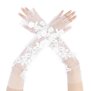 INSPIRE CHIC Women's Lace Floral Pearl Bowknot Polka Point Arm Fingerness Length Sleeves for Elegant Bridge Wedding Gloves 1 Pair - 1 of 4