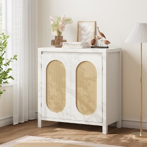 Rattan Storage Cabinet, Wooden Sideboard Buffet Cabinet with Doors and Shelves, Small Console Cabinet with Storage for Entryway, White - 1 of 4