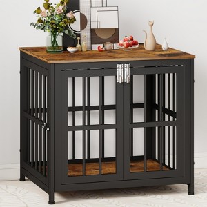 XBRIGH 26in Dog Crate with Lock & Double Door, Wooden Kennel End Table for Small/Medium Dogs, Aged Black - 1 of 4
