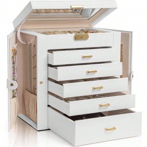 Lockable 6 - Tier Leather Jewelry Box with 5 Drawers, Mirror for Women's Rings, Necklaces, Earrings, Bracelets Organizer - 1 of 4