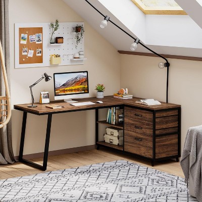 PAGED L-Shaped Computer Desk, Reversible Home Office Desk with 3 Drawers and Storage Shelves for Living Room