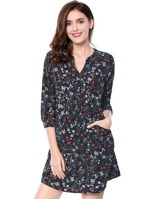 Allegra K Women's Floral Short Sleeve Self Tie Summer Mini Dresses Dusty  Blue X-Large