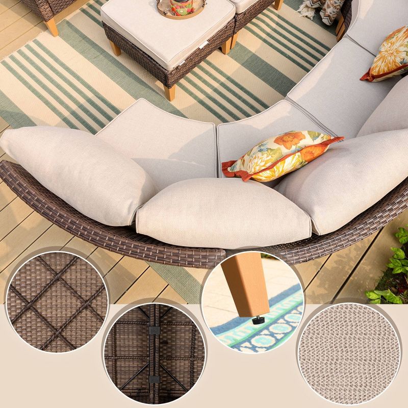 Captiva Designs 8pc Outdoor Wicker Rattan Conversation Set with Curved Sectional Sofa and Ottoman Beige, 4 of 9
