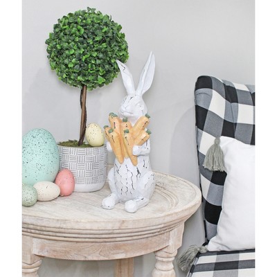 Large Distressed White Resin Rabbit Statue with Carrots