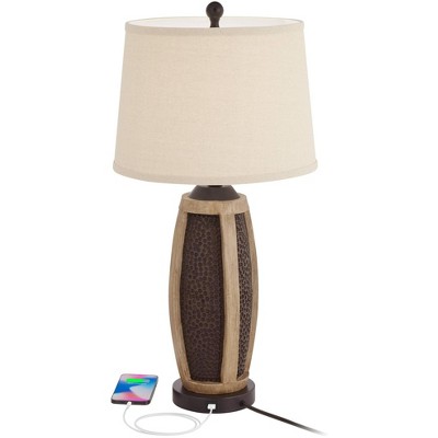 Rustic Bronze and Wood Table Lamps with USB Ports, Set of 2
