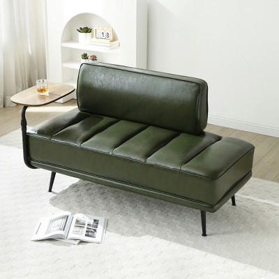 55"Width End Of Bed Bench,Faux Leather Minimalist Armless Chaise Lounge With Side Table,360° Swivel Tray Window Bench With Metal Legs-Cuddlewood