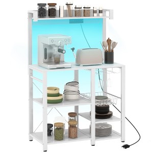 HOMCOM Kitchen Bakers Rack with Power Outlet and LED Lights, Microwave Stand, Coffee Bar with Metal Basket, Multiple Shelves and Glass Holders - 1 of 4