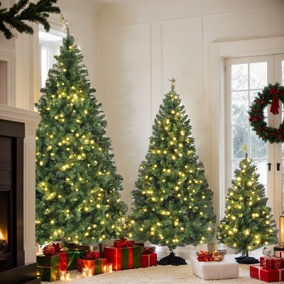Resenkos 8FT, 6FT, 4FT Pre-Lit Green Pine Artificial Christmas Tree, Set of 3 Hinged Xmas Trees with 820 Warm-Yellow LED Lights and 2539 Branch Tips,