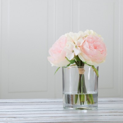 Rose and Hydrangea Floral Arrangement - Pink and Cream Artificial Flowers in Decorative Clear Glass Round Vase with Faux Water by Pure Garden