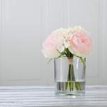 Rose and Hydrangea Floral Arrangement - Pink and Cream Artificial Flowers in Decorative Clear Glass Round Vase with Faux Water by Pure Garden