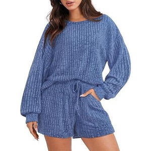 BLUEMING Women Sportswear Sets Waffle Knitted Oversized Long Sleeve Tops Shorts Casual Home Wear Suit - 1 of 4