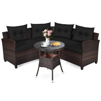 Tangkula 4PCS Outdoor Patio Conversation Set Wicker Rattan Sectional Sofa W/Cushions