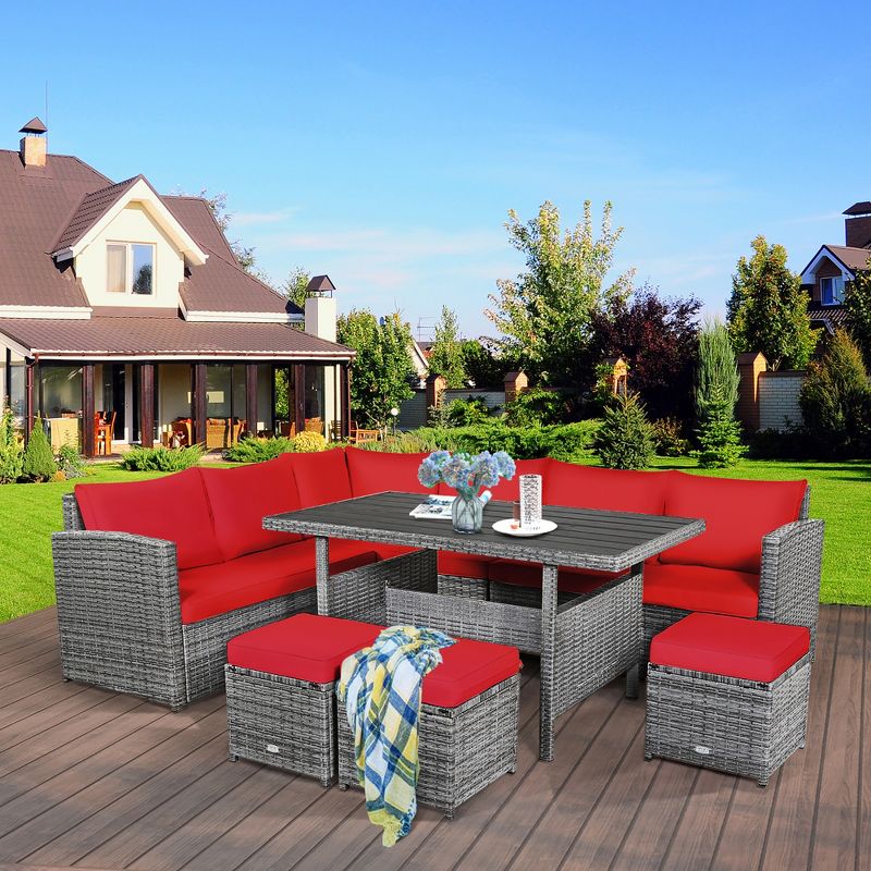 Costway 7 PCS Patio Rattan Dining Set Sectional Sofa Couch Ottoman Garden White\Red\Black, 2 of 11