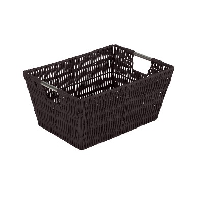 Chocolate Rattan Rectangular Storage Tote with Stainless Steel Handles