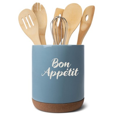 Elanze Designs Bon Appetit Chef Cooking Culinary Arts Ceramic Cork Bottom Sky Blue Large Capacity Utensil Holder Crock for Countertop Storage, Stylish