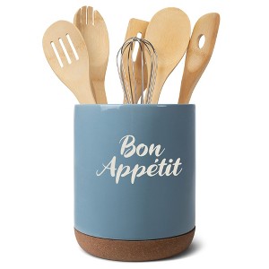 Elanze Designs Bon Appetit Chef Cooking Culinary Arts Ceramic Cork Bottom Sky Blue Large Capacity Utensil Holder Crock for Countertop Storage, Stylish - 1 of 4