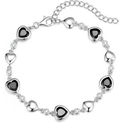 Five Heart Birthstone Tennis Bracelet, 925 Sterling Silver with Adjustable Extender, Anniversary Birthday Gift for Wife
