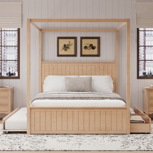 Queen Size 4 Poster Canopy Platform Bed with Trundle and 3 Drawers, Solid Wood Bed Frame with Headboard, No Box Spring Needed - ModernLuxe - 1 of 4