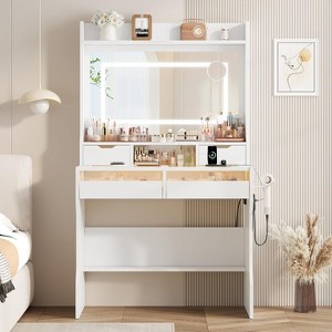 GAOMON Vanity Desk with Lights and Mirror, 3 Adjustable Power Outlet & Lighting Modes, Makeup Vanity with 4 Drawers, Small Vanity - 1 of 4