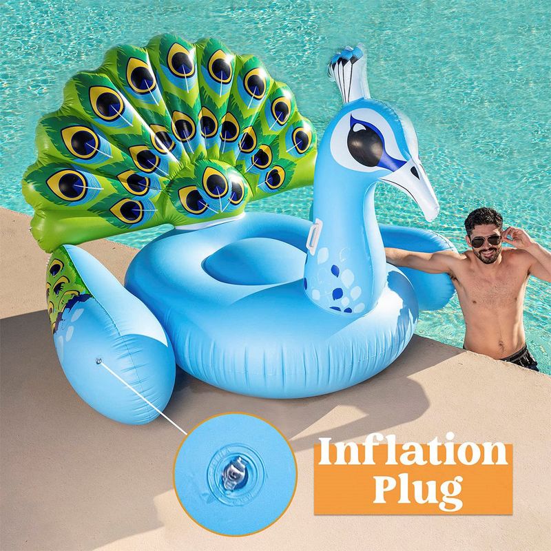 Syncfun 66"  Ride On Pool Float Peacock Giant Green Inflatable Peacock Ride on Raft for Swimming Pool, Beach Floaties Raft, 5 of 9