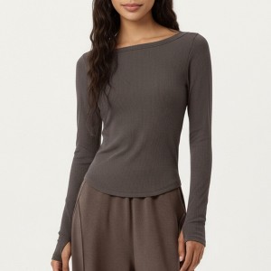 Anna-Kaci Active Women's Long Sleeve Rib Knit Top with Boat Neckline and Slim Fit Silhouette - 1 of 4