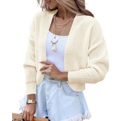 Womens Rib Knit Cardigna Latern Sleeve Open Front Swetaer Cardigan Drop Shoulder Chunky Cardigans Winter Knitwear for Women,Almond - M