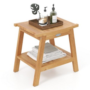 Tangkula 20" Teak Wood Shower Bench w/ Storage Shelf Adjustable & Anti-slip Foot Pads Bathroom Spa Bathing Stool - 1 of 4