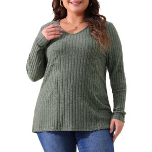 Agnes Orinda Women's Plus Size V-Neck Long Sleeve Basic Ribbed Pitted Brushed Casual Tunic Blouses - 1 of 4
