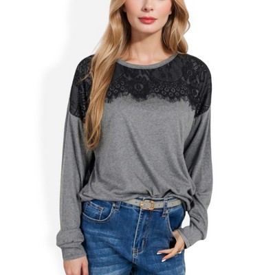 Anna-Kaci Women's Long Sleeve Top with Lace Yoke Detail and Relaxed Fit