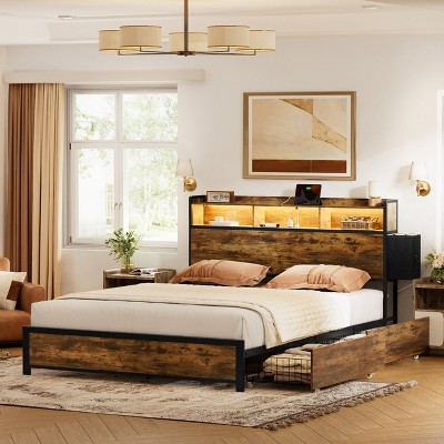 WOWLIVE Twin/Queen/Full/King Size Bed Frame with Storage Headboard, Platform Bed with Underbed Drawers & Charging Station
