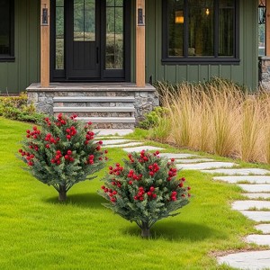 2 Pack Artificial Topiary with Ground Spike, UV Resistant Faux Greenery Shrubs, Fake Christmas Evergreen Plant for Front Porch Garden - 1 of 4