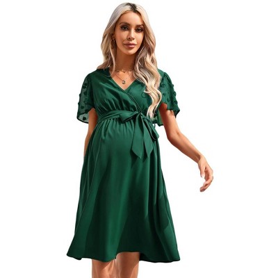 Women Maternity Swiss Dot Short Sleeve V Neck Summer Wrap Mini Dress Casual Nursing Dress Baby Shower Photoshoot Belt