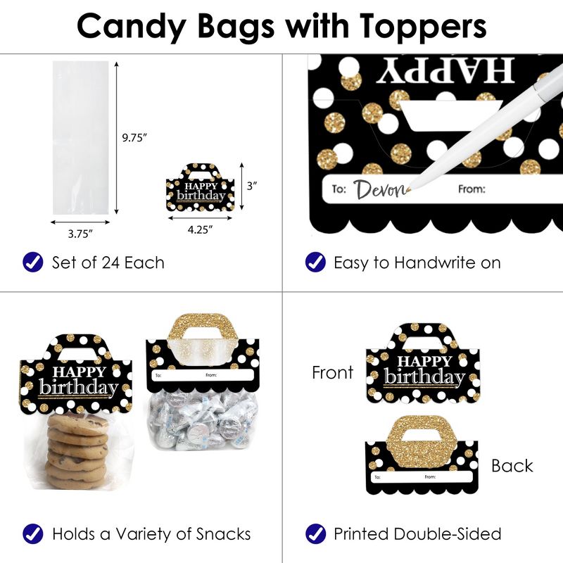 Big Dot of Happiness Adult Happy Birthday Gold DIY Birthday Party Clear Goodie Favor Bag Labels Candy Bags with Toppers Set of 24, 3 of 9