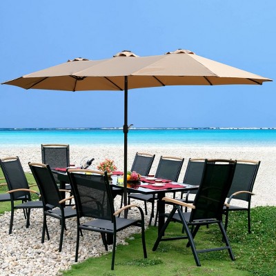 15x9FT Extra-Large Double-Sided Outdoor Patio Umbrella with Crank Lift, UV Protection, Wind Vent & Built-in LED Lights-Coolbibila